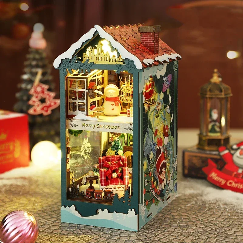 

Merry Christmas Bookend DIY Wooden Bookshelf Nook Shelf Insert with Furniture Lights Miniature Model Kit Christmas Gift Friends