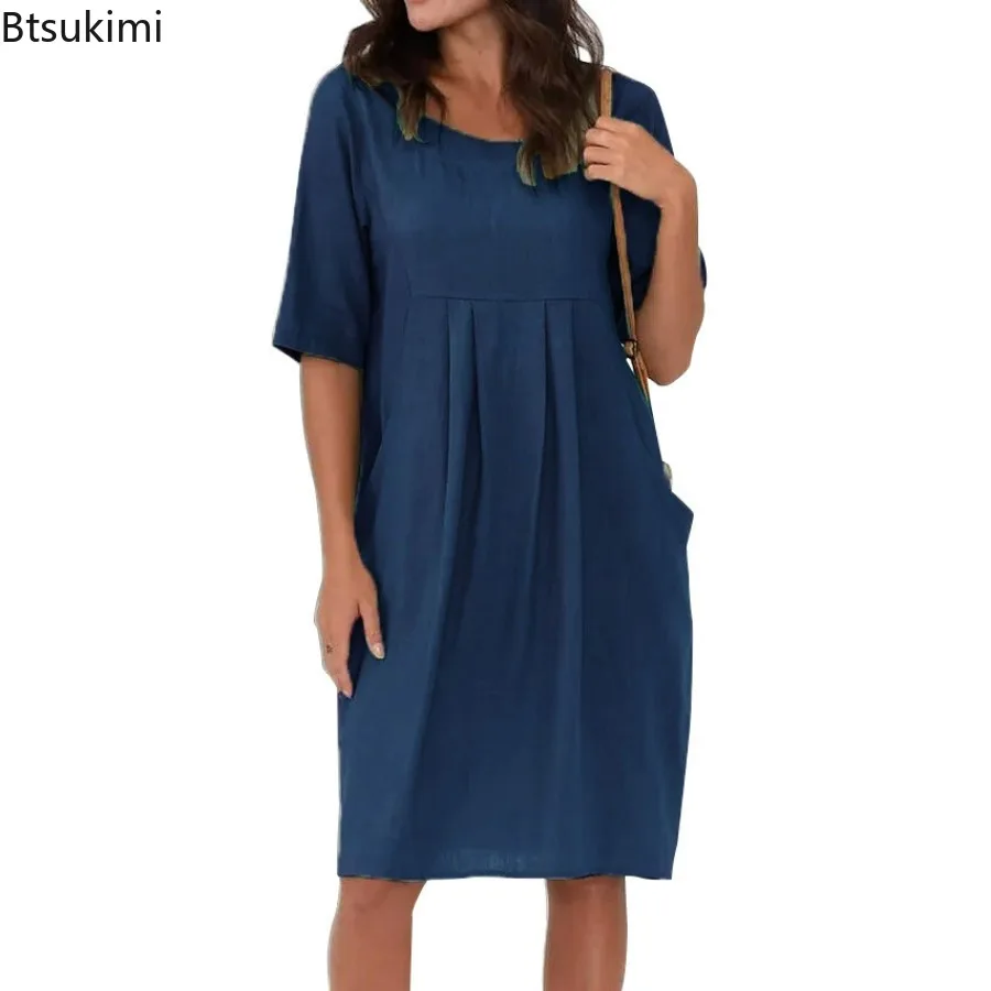 2024 Women's Summer Short Sleeve Cotton Dress Solid  A-line Short Sleeve Boho Midi Dress Oversized Female Casual Beach Dress 5XL