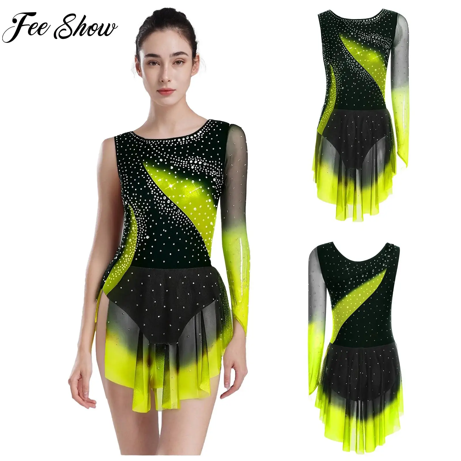 Mulheres patinação artística ginástica rítmica collant acrobacias traje uma manga gradiente strass bodysuit bailarina dancewear