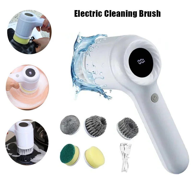 Electric Spin Scrubber Cleaning Brush Cordless Rechargeable Scrubber for Bathroom Kitchen Utensils with 5 Replaceable Brush Head