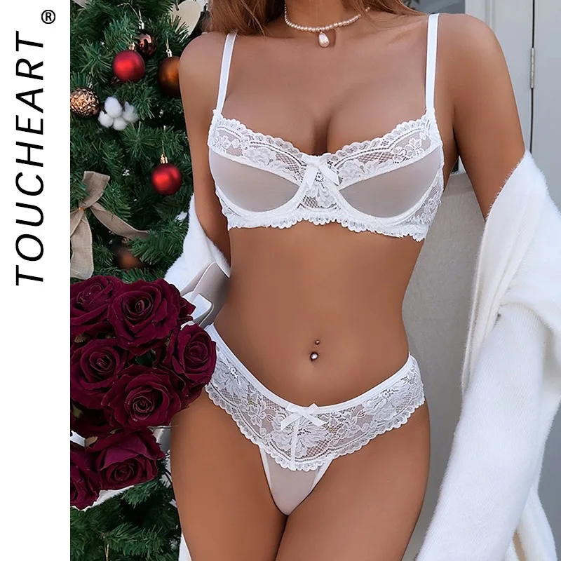 

Toucheart Erotic Lingerie Panty 2PCS Lace See-through Pure Desire Body Shaping Seductive Women Premium Steel Ring Hollow Bra Set