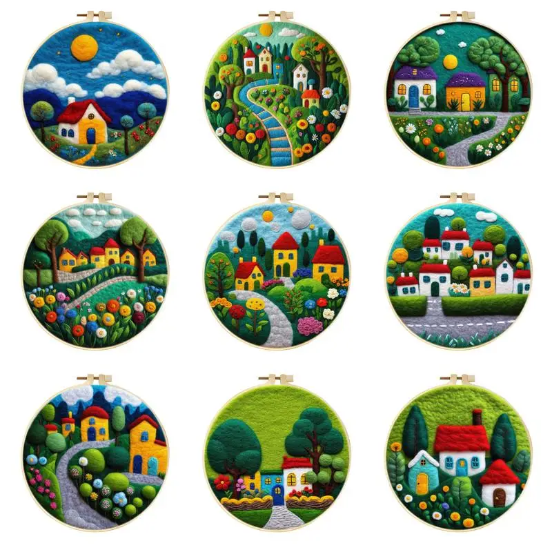 

CHENISTORY 20x20cm Needle Felting Painting Kits Beginners Colorful House Scenery Set Includes Wool Bag Felting Needles Foam Pad