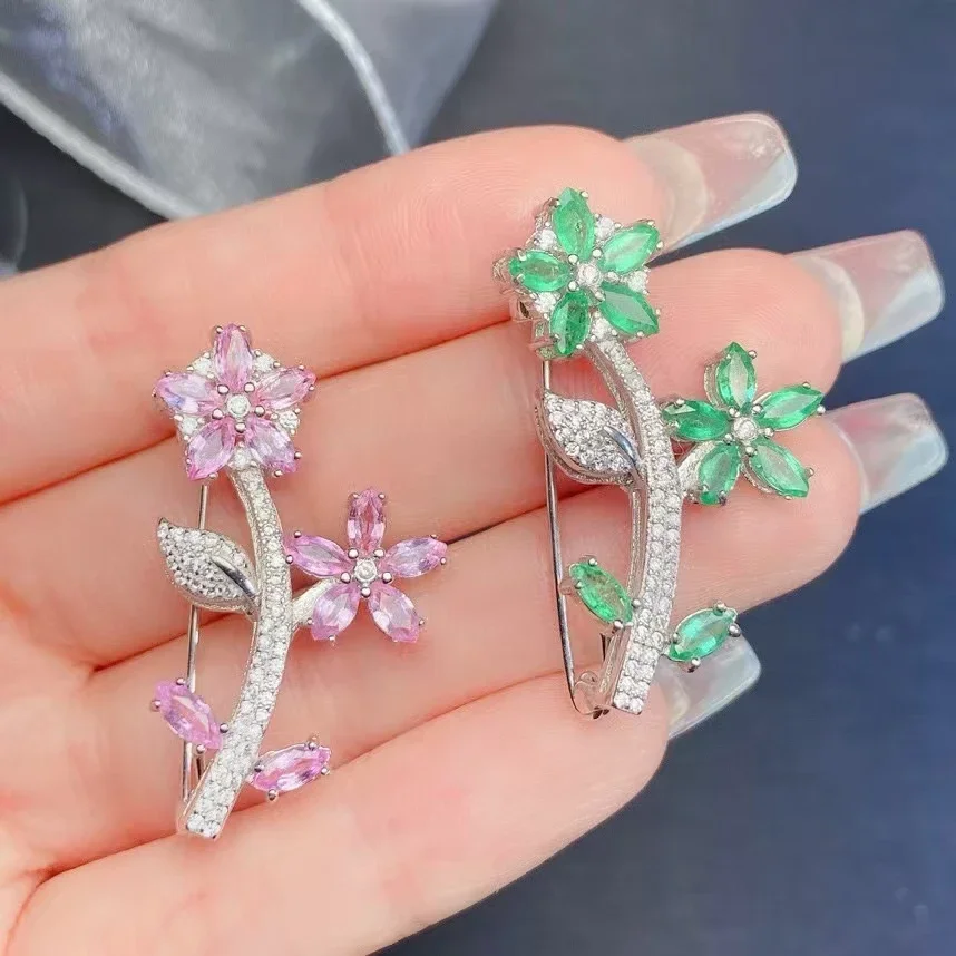 

Exquisite 925 Silver Emerald Brooch for Party 2.5*5mm Natural Emerald Pink Sapphire Brooch with Thick Gold Plating Keep Shining