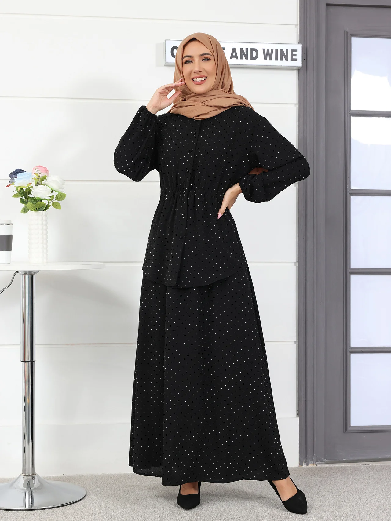 Ramadan Muzułmanki Dubaj Dwuczęściowy Zestaw Sukienka Guziki Topy Spódnica Garnitur Abaya Arabski Kaftan Islamskie Garnitury Eid Turcja Casual