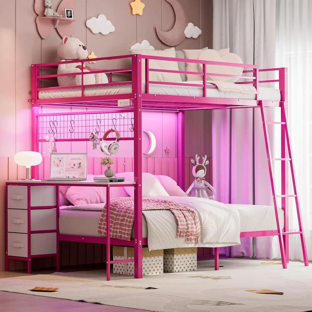 

Heavy-Duty Metal Bunk Bed with Desk, LED Lights, Charging Station, Storage Drawers, Safety Rail, and Ladder - No Box Spring Need