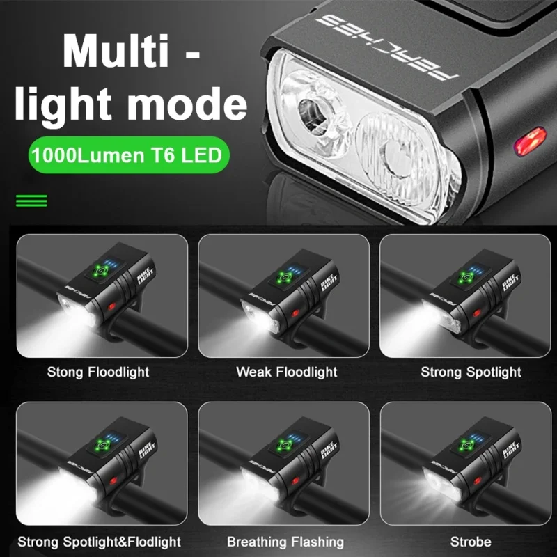 Bicycle Light T6 LED Front USB Rechargeable MTB Mountain Bicycle Lamp 1000LM Bike Headlight Flashlight Cycling Scooter tail