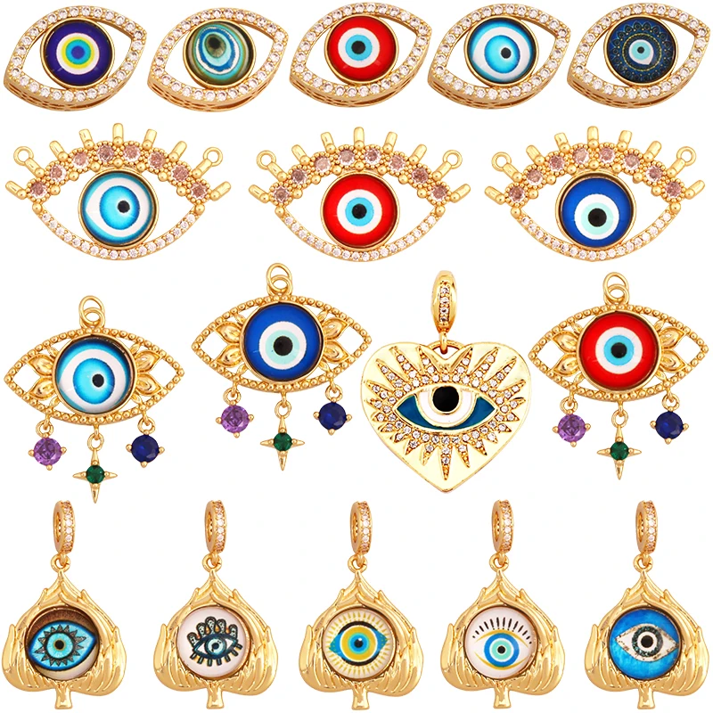 Trendy Colorful Evil Eye Charm Pendant,Real 18K Gold Plated Cubic Zirconia Glass Stone Jewelry Necklace Bracelet Supplies K63
