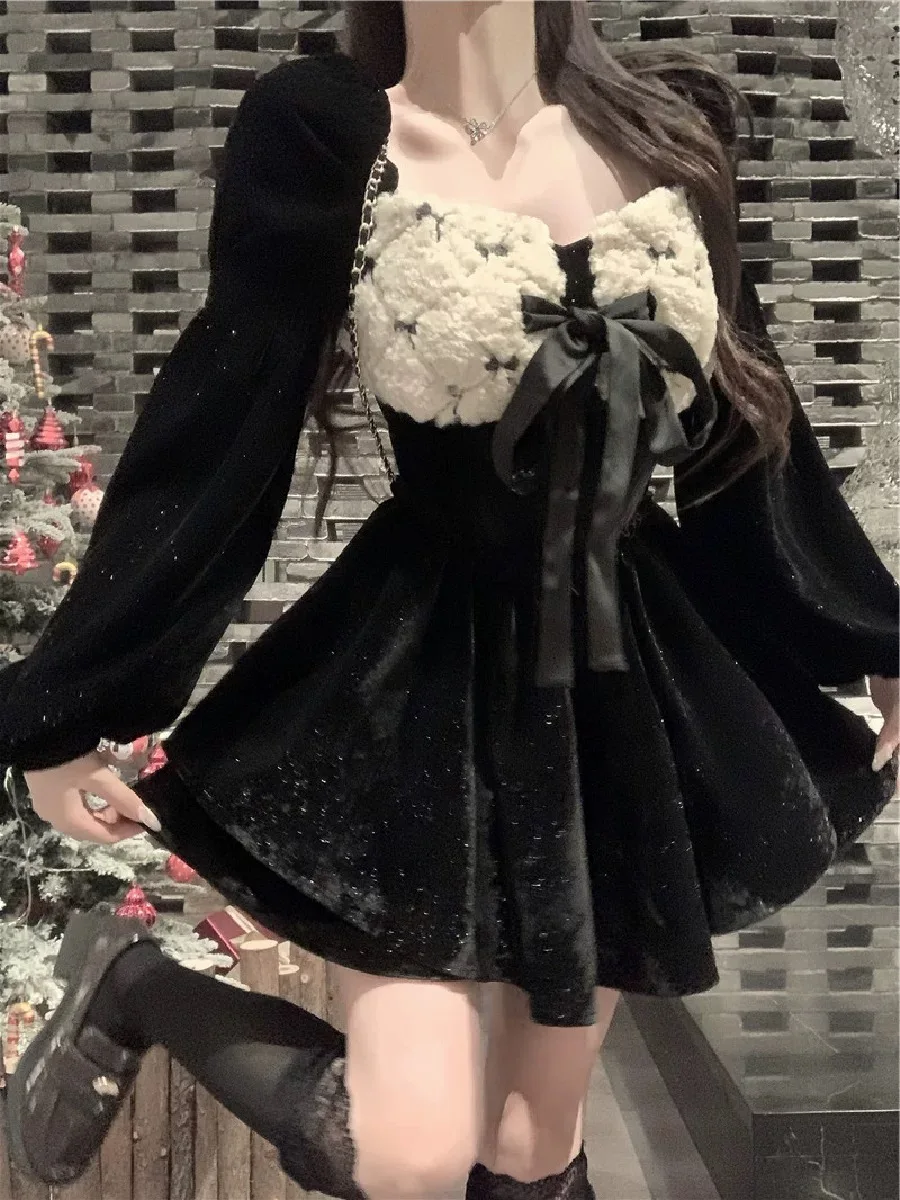 

Бархатная юбка-трапеция с завышенной талией и длинными рукавами в стиле французского шика для дня рождения, черная, короткая, с эффектом утяжки на талии, для вечеринок