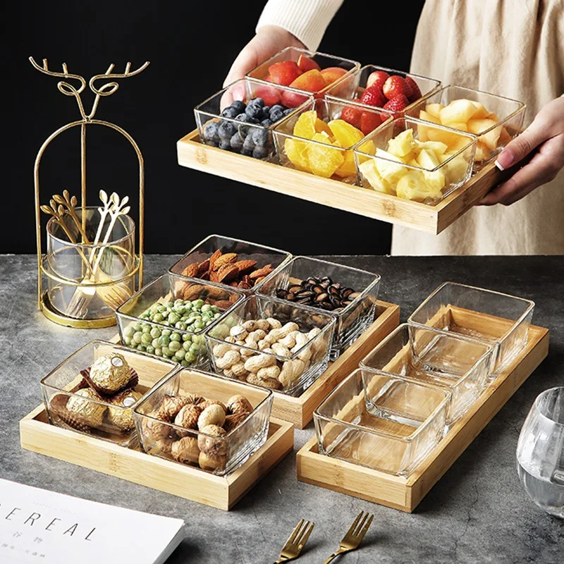 Nordic Transparent Glass Fruits Plate Set with Wooden Pallet Creative Luxury Candy Snack Sauce Dish Living Room Dried Fruit Tray