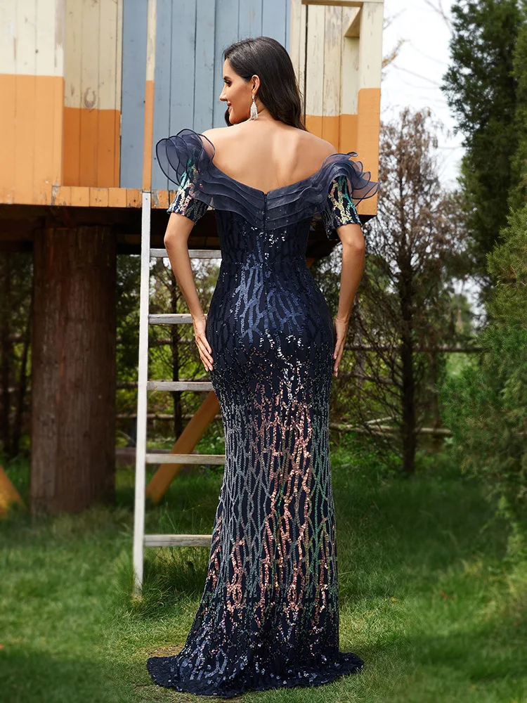 New Sequin Lotus Leaf Evening Dress for Banquet Sexy Off Shoulder Temperament Fishtail Skirt Long Toasting Dress for Women