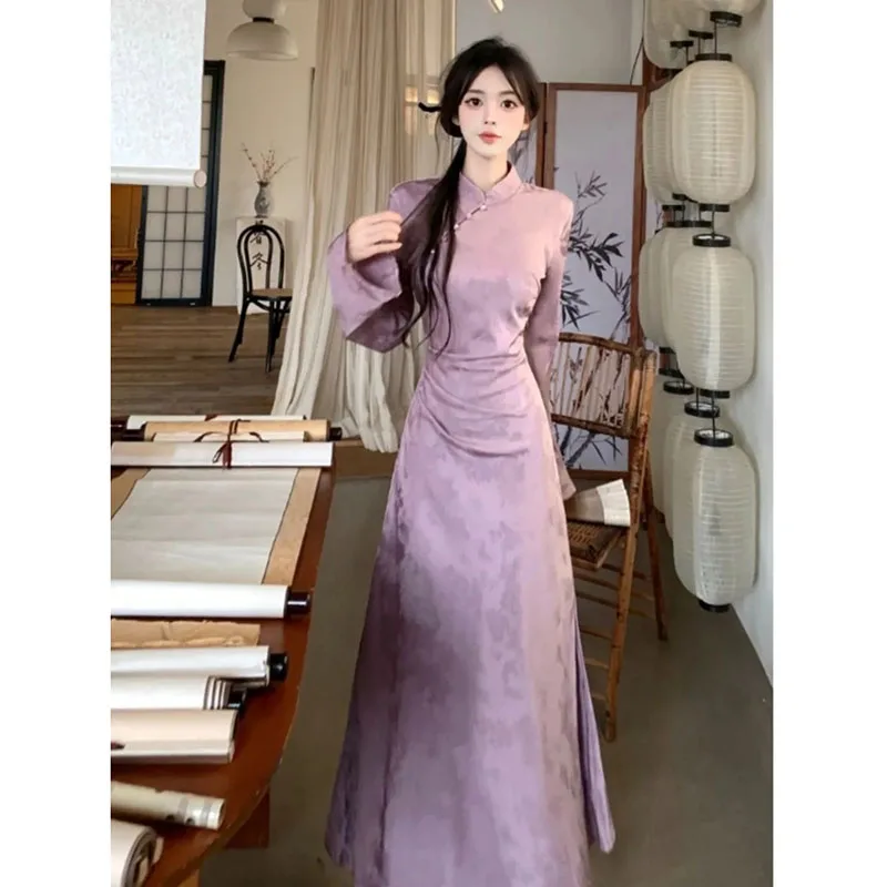 

New Chinese Style Ladies' Dress With Buckle Stand-Up Collar Print Spring Waist-closed Cheongsam With Temperament Long Skirt