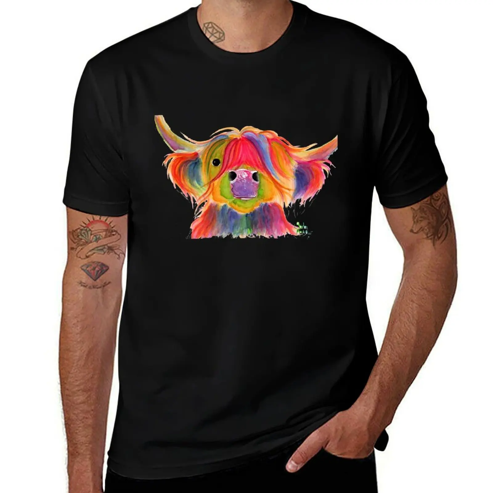 Scottish Hairy Highland Cow PRiNT ' PENELOPE PLUM ' by Shirley MacArthur T-Shirt Basic Casual Short Sleeve Cotton Shirt T-Shirt