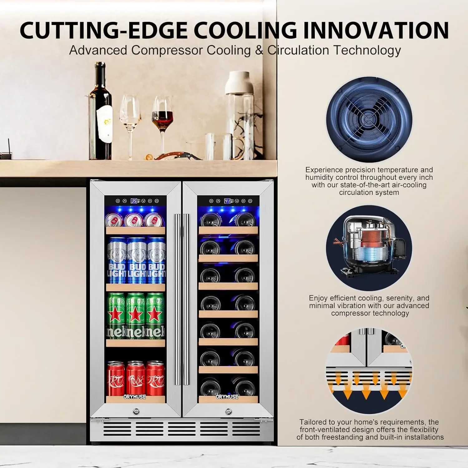 Refrigerator 24'' - Dual Zone Beverage Fridge with Upgraded Cooling, Built-in or Freestanding, 20 Bottles & 88 C