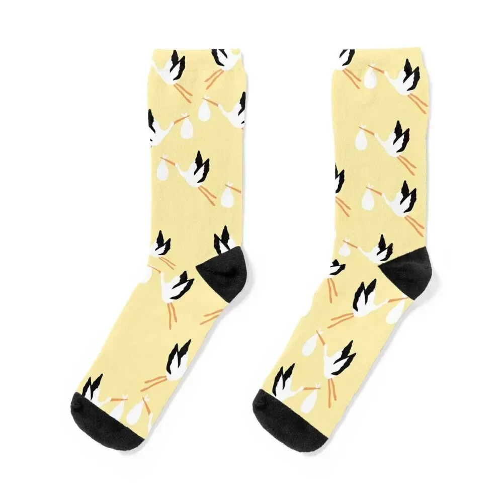 Cute Stork Print on Yellow Background Socks winter gifts warm winter kids snow Male Socks Women's