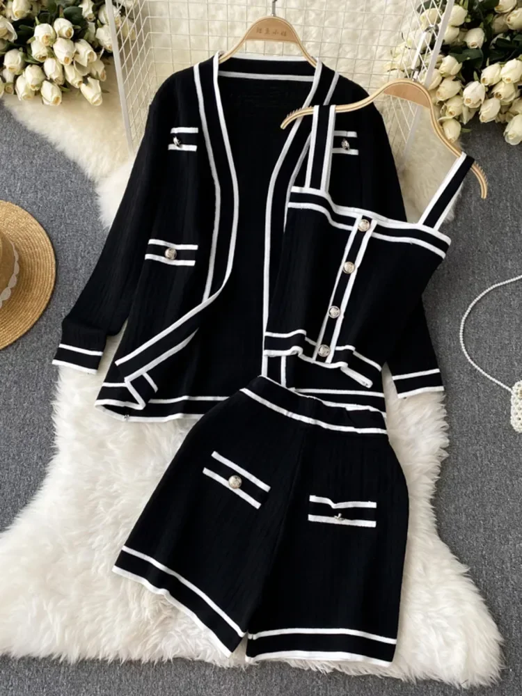 Long Sleeve V Neck Cardigan Jacket + Sling Vest + High Waist Shorts High Quality Chic Button Knitted Vintage 3 Piece Sets V1578