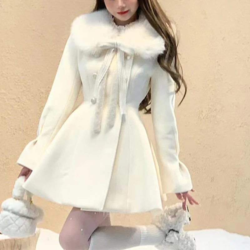 Kawaii Boog Mini Jurk Vrouwen Mode Nepbont Patchwork Jurken Herfst Winter Koreaanse Elegante Lange Mouw Ontwerp Bodycon Vestidos