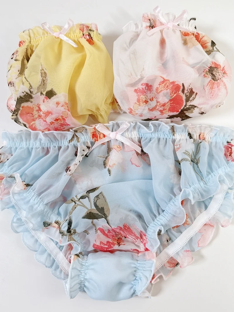ผู้หญิงน่ารัก Lolita กางเกงชีฟองดอกไม้พิมพ์ Ruffled กางเกงเกย์ชาย Sissy กางเกงเครื่องรางชุดชั้นในกางเกงยีนส์สําหรับคู่ Sex