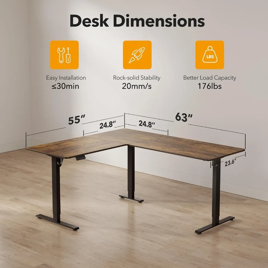 مكتب قائم على شكل حرف L 63 زاوية مكتب قائم على الجلوس حامل على شكل حرف L مكتب قابل للتعديل مع لوح لصق علوي بني ريفي #3