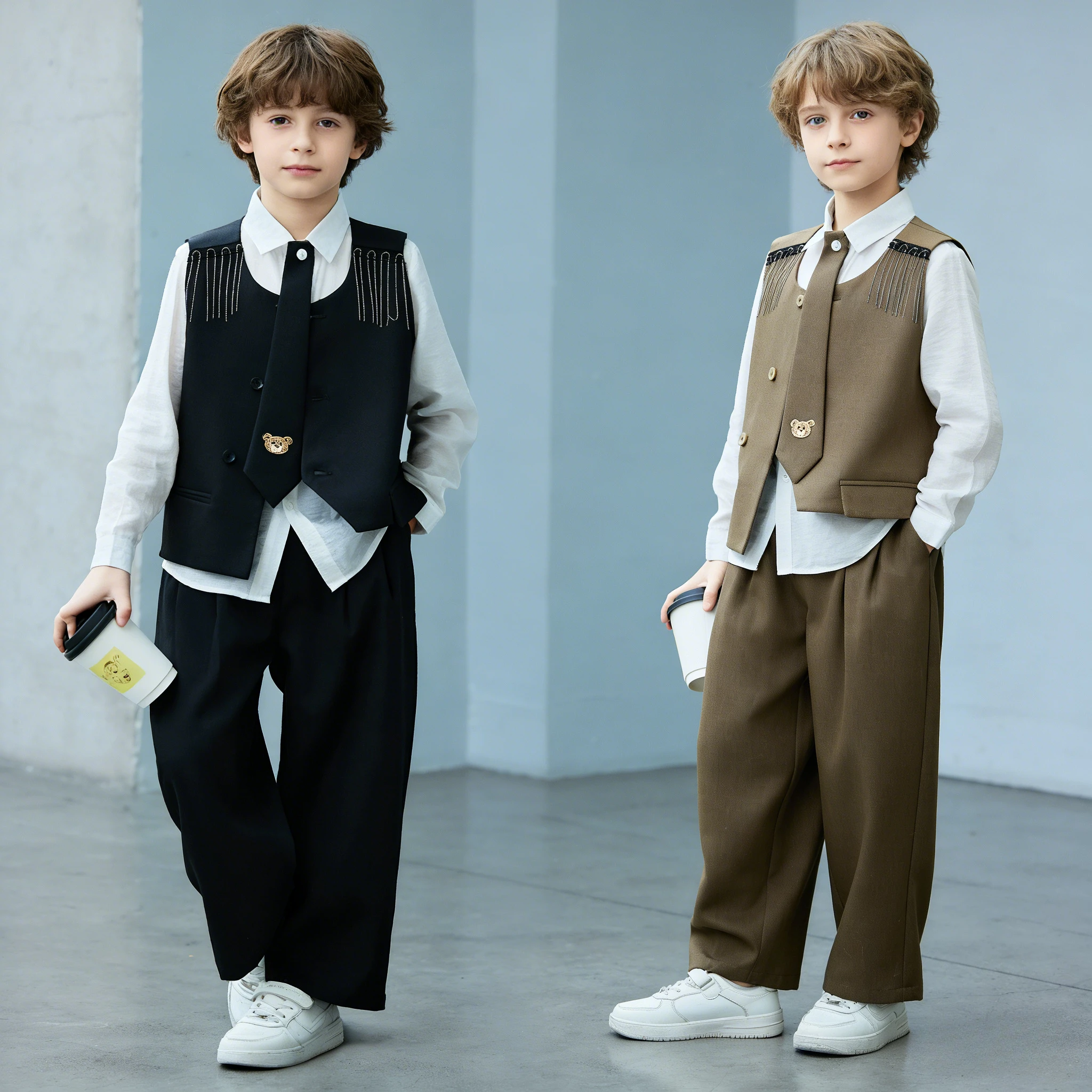 

2026 Spring Boys Tassel Embroidery Vest Suit Set Kids Formal Outfit White Shirt Tie Wide Leg Pants for Wedding Host Performance