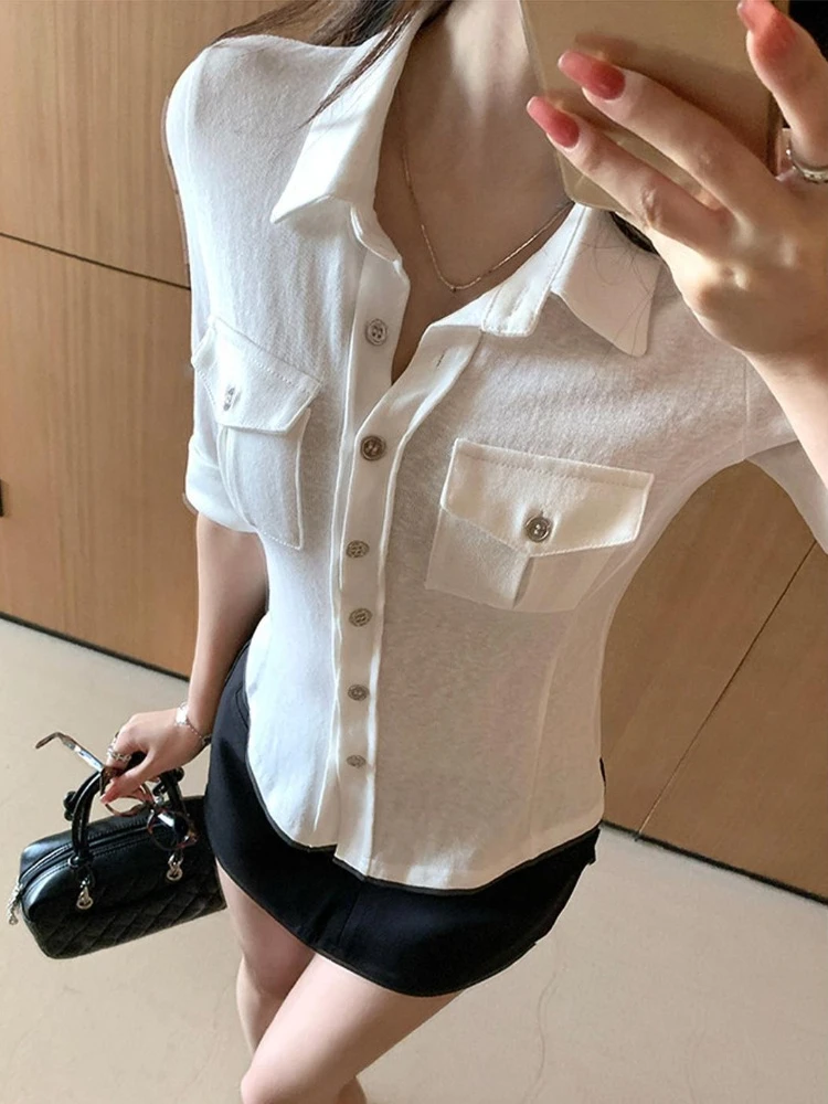 Camisa de punto de manga corta con cuello vuelto, estilo safari, blusas vintage, versátiles, ajustadas, casuales, de moda, para mujer.