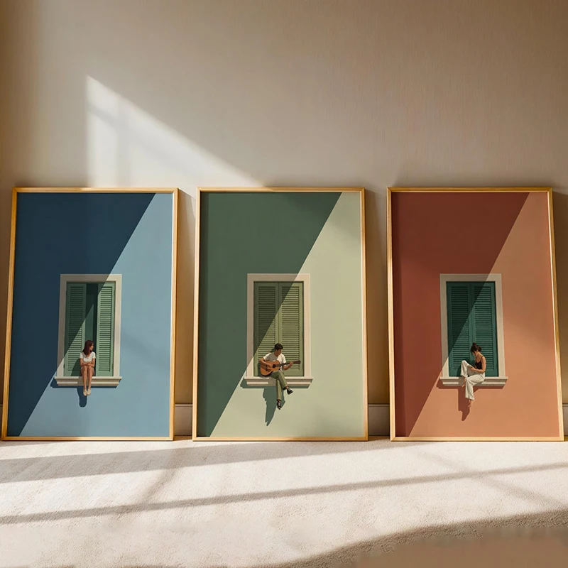3PCS Mediterranean Window Wall Art , Minimalist Sun Shadow Prints, Canvas Print Posters, Suitable for Wall Home Decoration