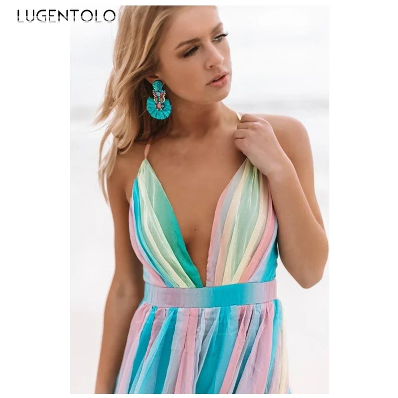 Sexy Dress Women Summer Spaghetti Strap Mesh V-neck Slim Big Swing Rainbow Colors Female Backless Long Cloth Lugentolo