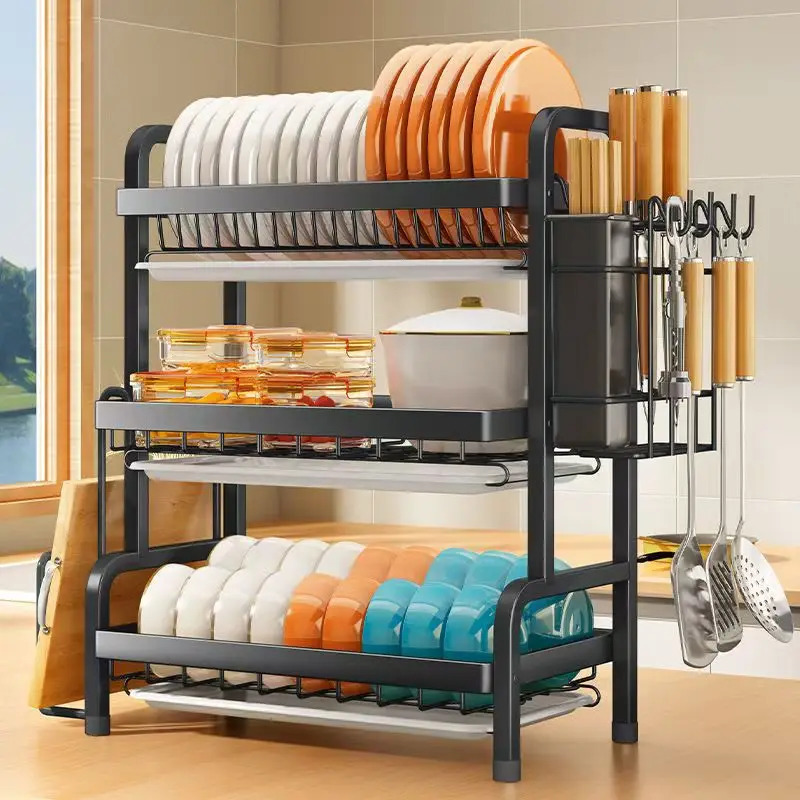 Space-saving 2/3 Tier Dish Drying Rack with Utensil Holder for Kitchen Storage Counter Organizer with Cutting Board Holder