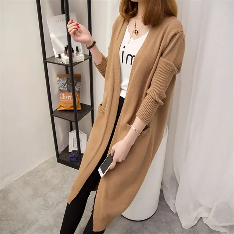 Spring Auutmn Women Korean Simple Solid Loose Long Sleeve Tunic Knitted Cardigan Coat Casual V Neck Pocket Female Sweater Jacket