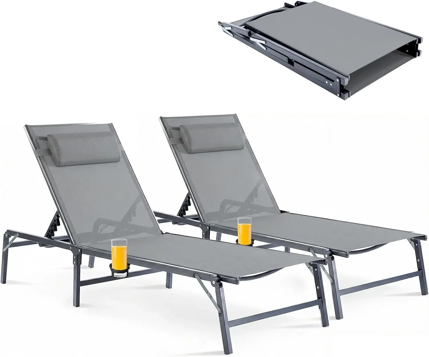 2 Pack Foldable Chaise Lounge Chair with Cup Holder, Assemble-Free Outdoor Lounge Chair with Detachable Pillow and 6