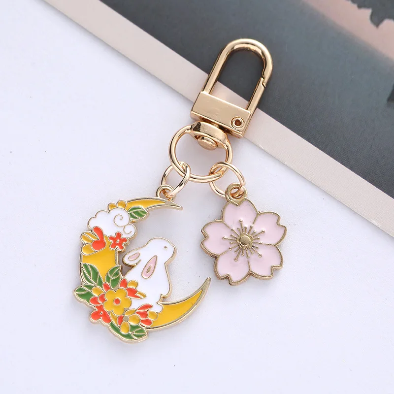 Fashion Cute Moon Cherry Rabbit Keychain for Women Sweet Cartoon Enamel Gold Color Key Chain Bag Car Key Decoration Girls Gift