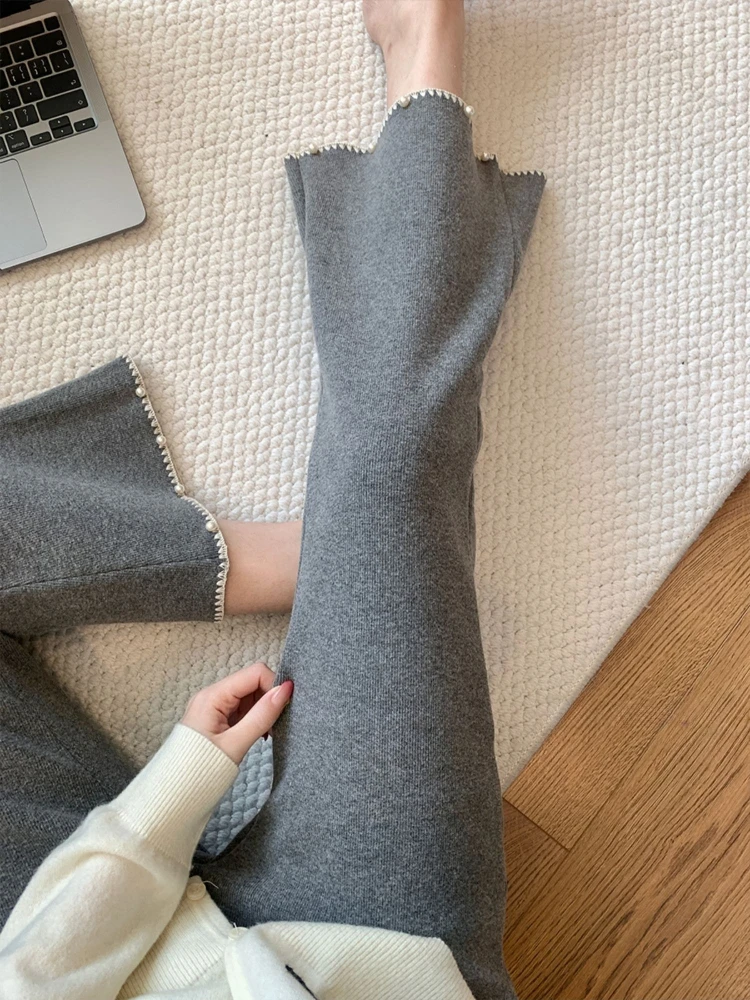 Gray Beaded Knitted Flared Wide-Leg Pants for Women 2026 New Autumn Winter Lazy Style Slimming Versatile Casual Pants