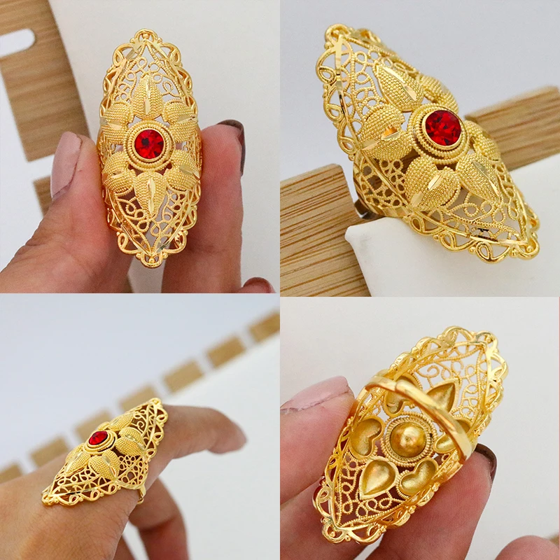 Red Lucky Stone Wedding Rings Women Free Size Golden Color Classic Africa 24k Middle East Jewelry Wholesale