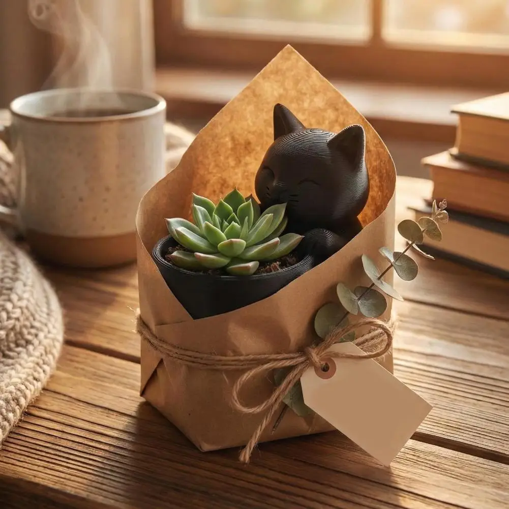 Cat Shape Plant Pot 3d Printed Cat Ornament Plant Pot Matte Frosted Surface Desk Holder Home Decor Office Plant for Succulents