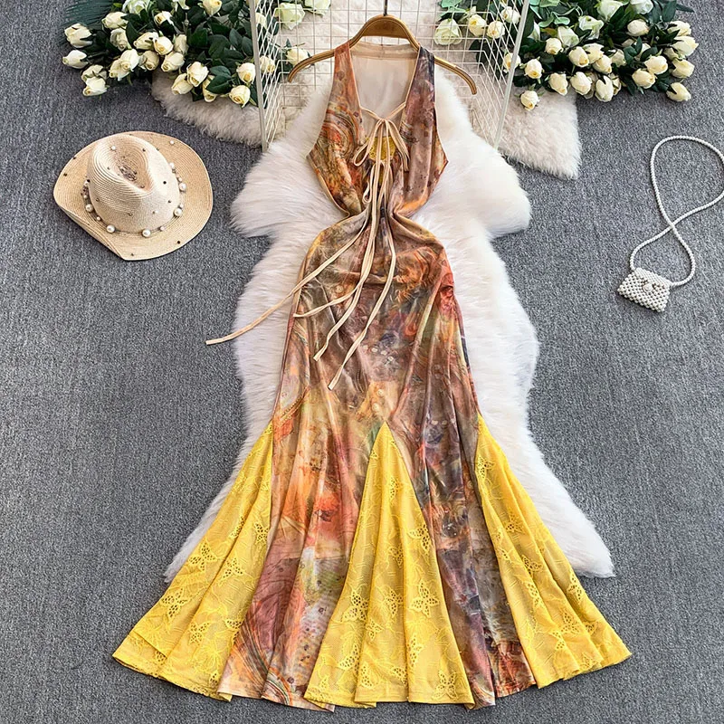 

Summer French Sexy Lace V-neck Dress Women's New Fashionable Slim Fit Vacation Sleeveless Fish Tail Long Dress S429