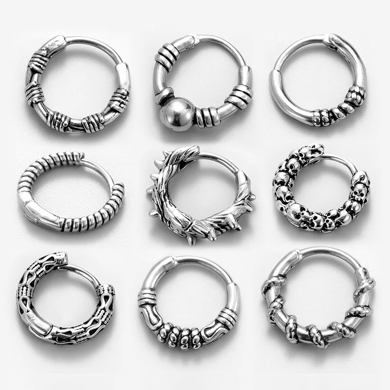 1PC Stainless Steel Gothic Full Skull Hoop Earrings for Men Fashion Vintage Cartilage Earring Hip Hop Rock Punk Piercing Jewelry