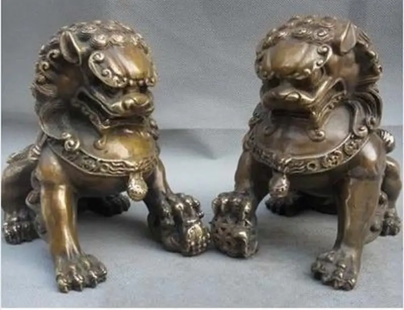 خمر الأسود البرونزية القديمة باب فنغشوي الحرس فو فو الكلاب تمثال الأسد زوج #5