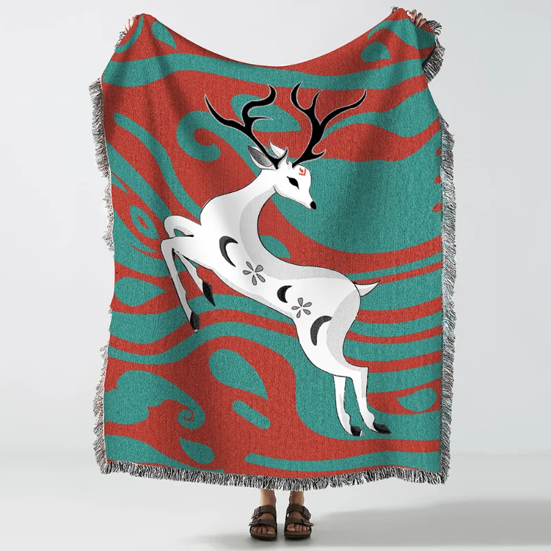 Vintage White Deer Throw Blanket Weave Jacquard Artistic Tapestry Decor Outdoor Picnic Camping Blankets Sofa Cover Living Room