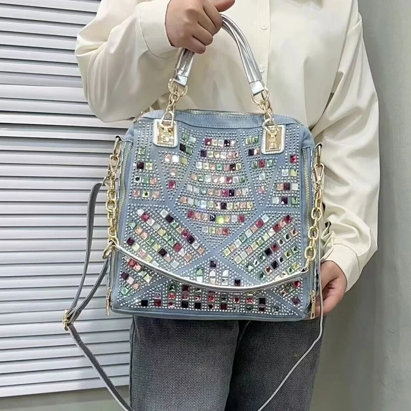 Denim Cloth Bags For Women Luxury Designer Handbags Purses 2024 New In Mosaic Shiny Colorful Imitation Diamond Underarm Shoulder