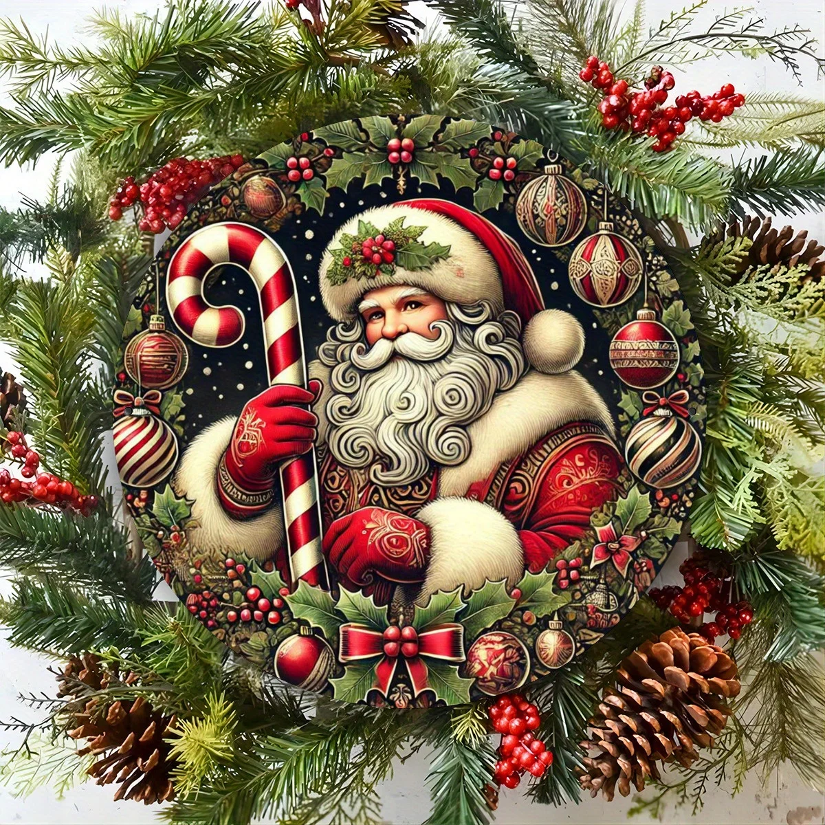 مجموعة فنية لإكليل علامة معدنية مستديرة من سانتا كلوز مكونة من 1، ديكور جداري لعطلة عيد الميلاد الحديدي، عمل فني من القصدير متعدد الاستخدامات للمنزل، البار، Restau