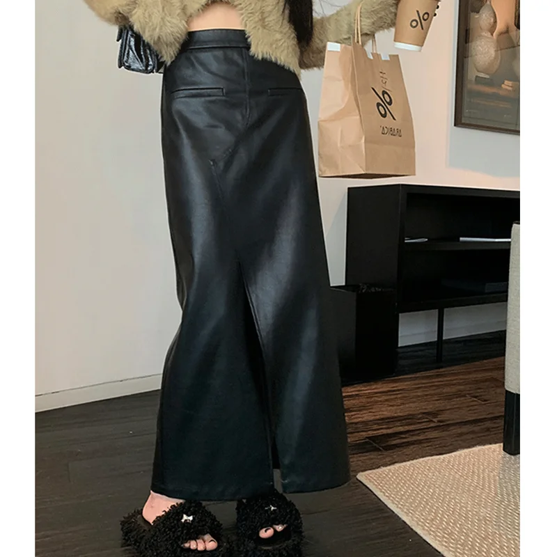 2023 New Genuine Leather Skirt for Women Vegetable Tanned Sheepskin Wrap Long Faldas Mujer Mid Length Front Slit Ankle-Length