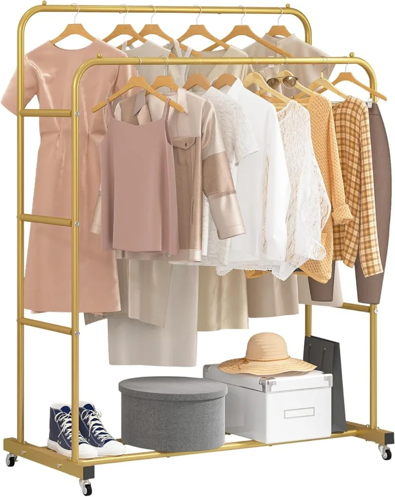 Double Rods Clothing Rack with Wheels, Garment Rack for Hanging Clothes, Multi-functional Bedroom Clothes Rack, Gold