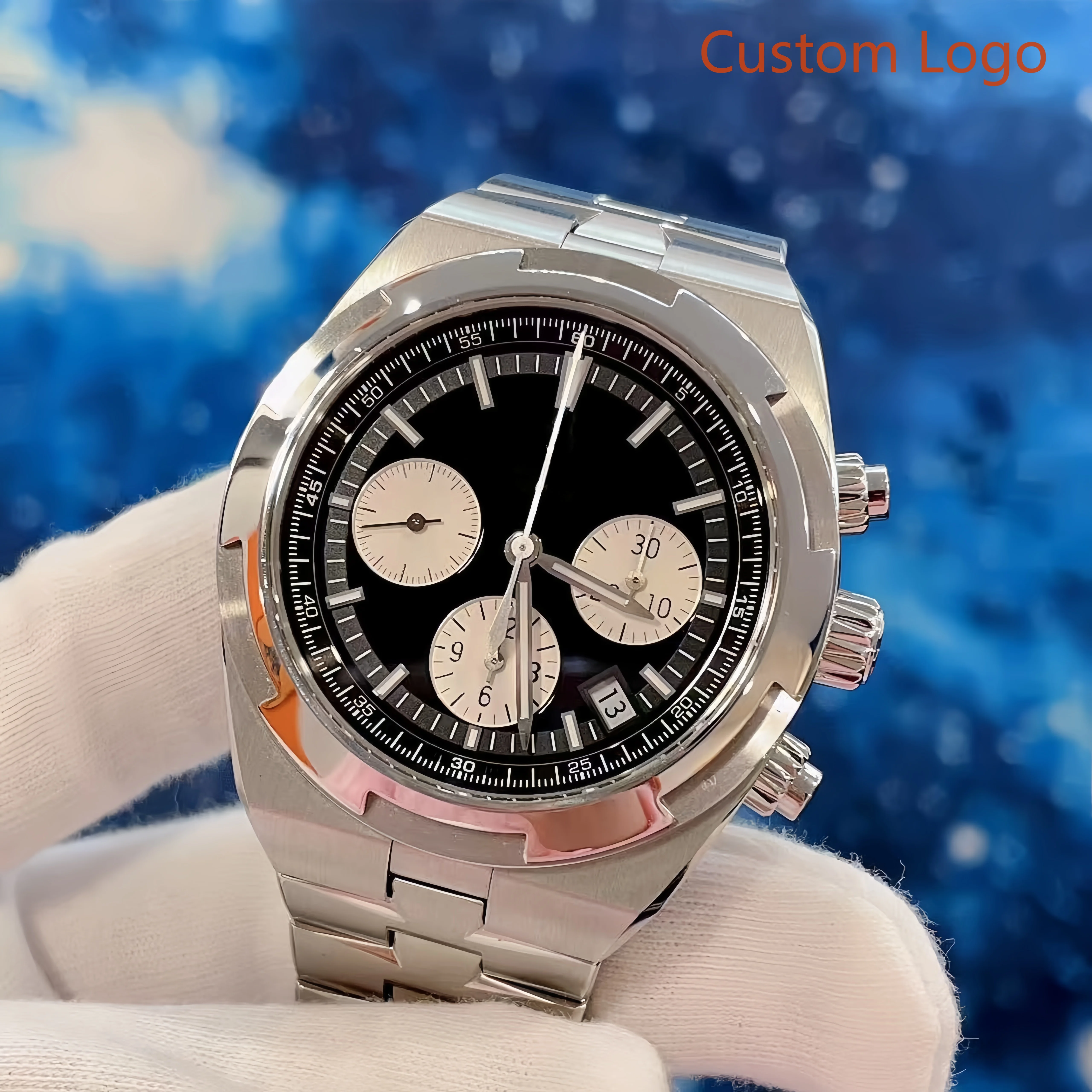 LONG GE Men 40mm Panda Dial Chronograph Watch Stainless Steel Band  Male Sports Automatic Mechanical Movement Customized Watch