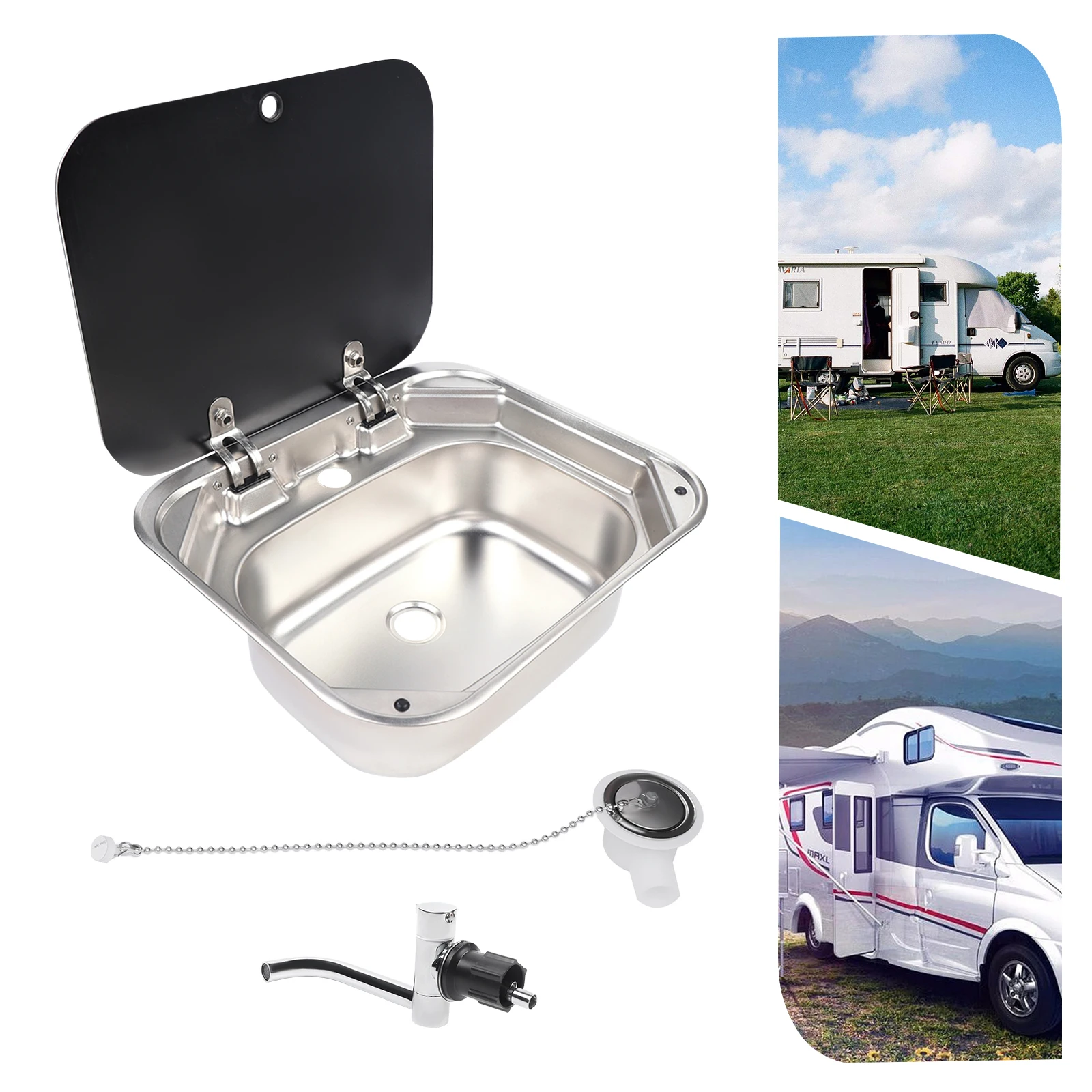 RV Caravan Camper Boat Kitchen Stainless Hand Wash Basin Sink with Lid & Faucet