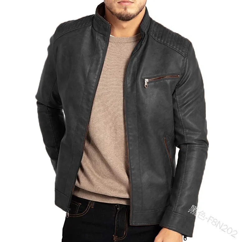 Cross border winter men's PU leather jacket, European and American style motorcycle stand up collar slim fit leather jacket