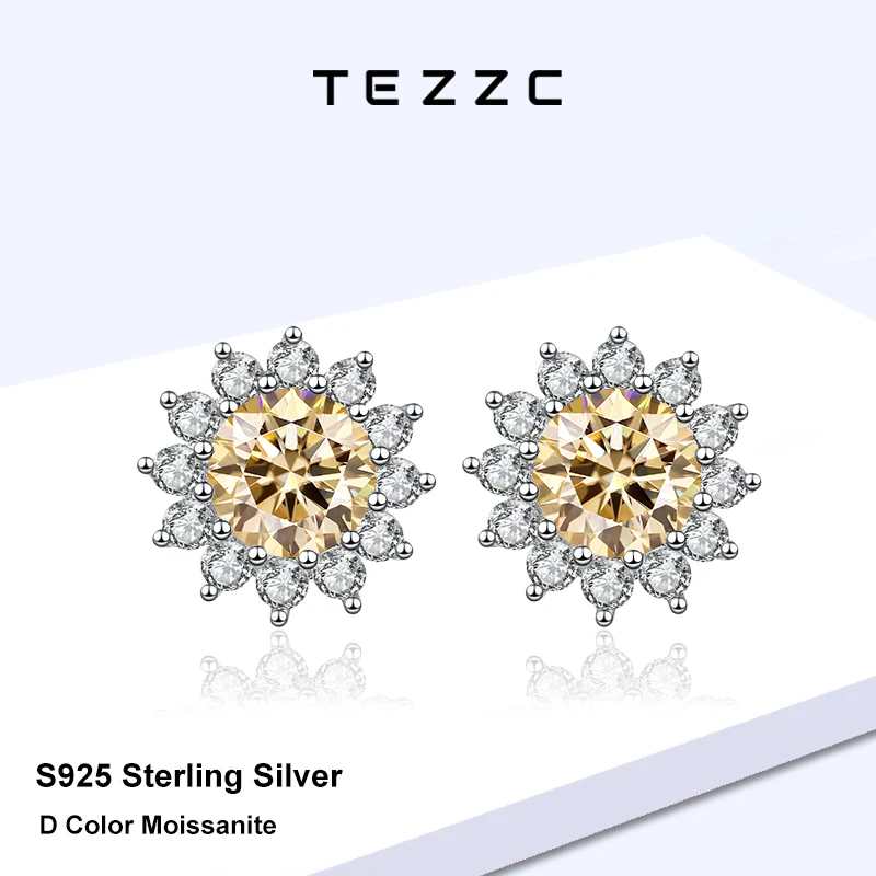 

Серьги Tezzc 1 карат D цвета шампанского с муассанитом и бриллиантами S925, ювелирные изделия из стерлингового серебра для женщин, свадебные серьги-гвоздики с подсолнухом