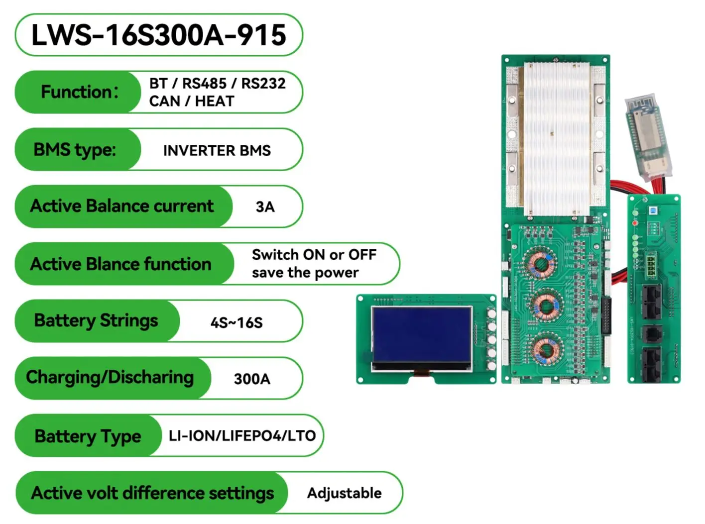 LWS Smart Inverter BMS 8S 16S 24V 48V 100A 150A 200A 8S-16S Family Energy Storage Lifepo4/Li-ion/LTO For Growatt Deye Inverter