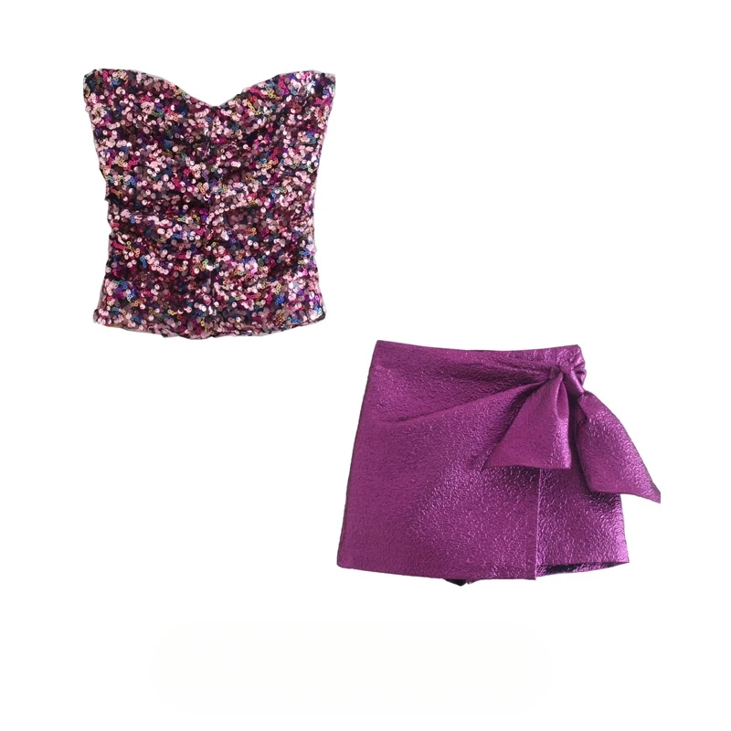 

Sexy ladies hot club two-piece sets Summer Strapless glitter Sequines Top and bodycon skirt suits Fashion purple Womens outfits