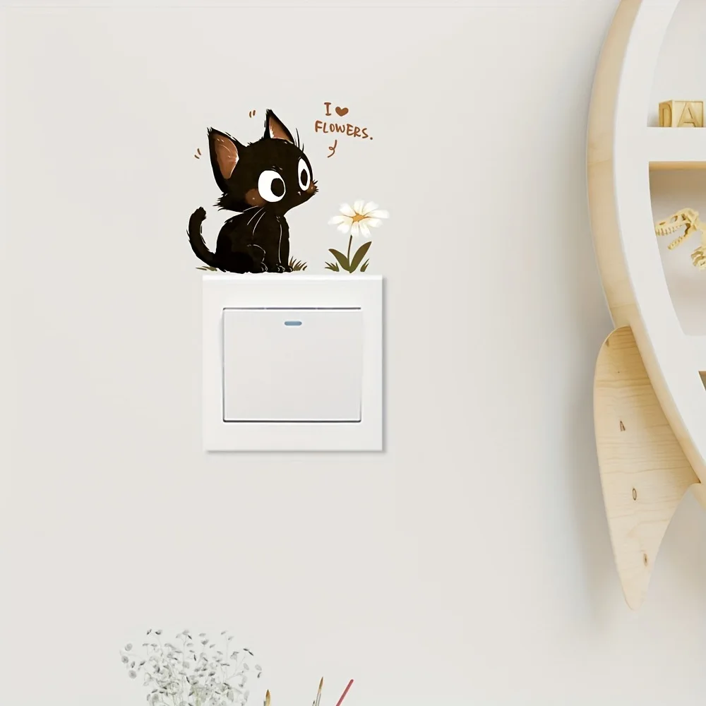 Car interior rearview mirror cat sniffing flower sticker Vinyl creative stickers Cute black cat decor decal Interior accessories