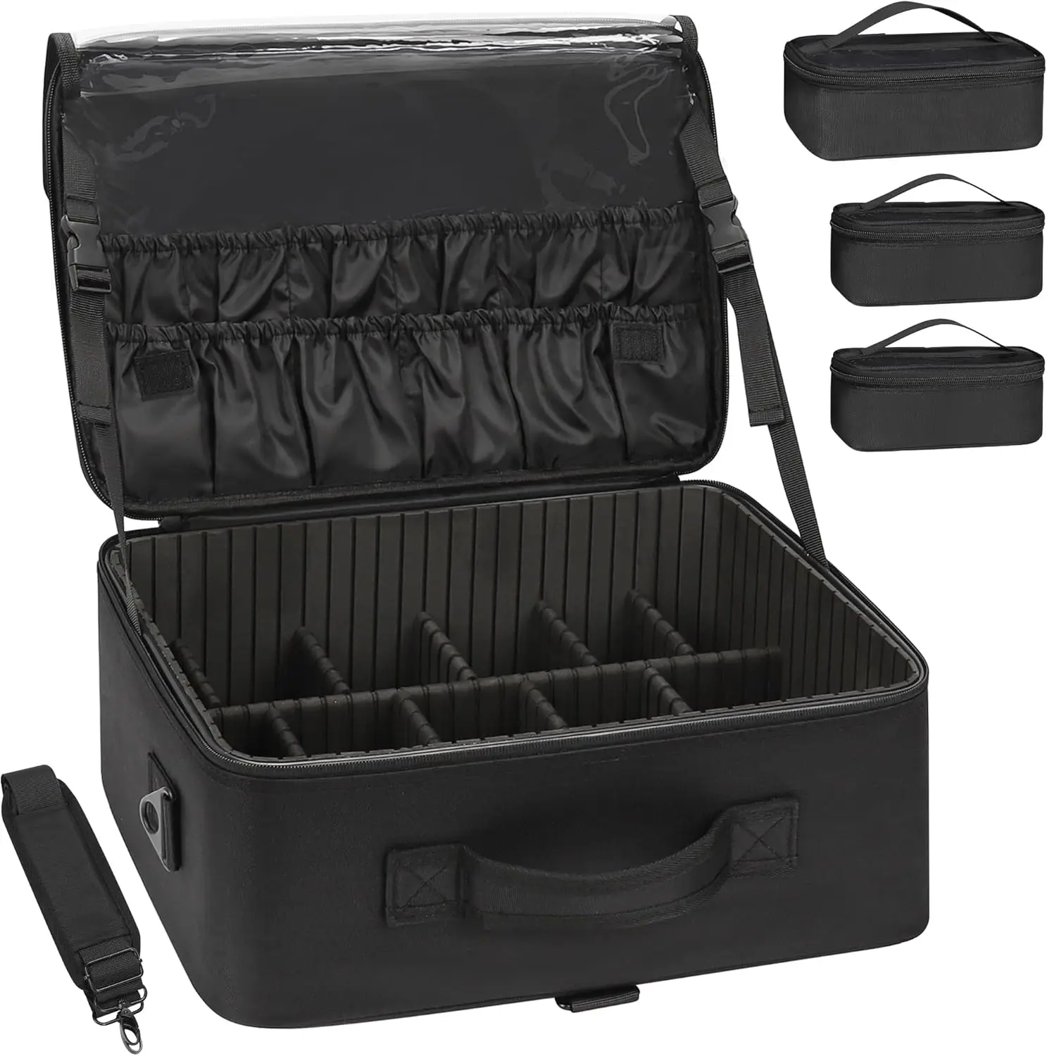 

Large Makeup Bag with 3 Removable Pouches, Adjustable Dividers, Brush Holder & Shoulder Strap for Travel