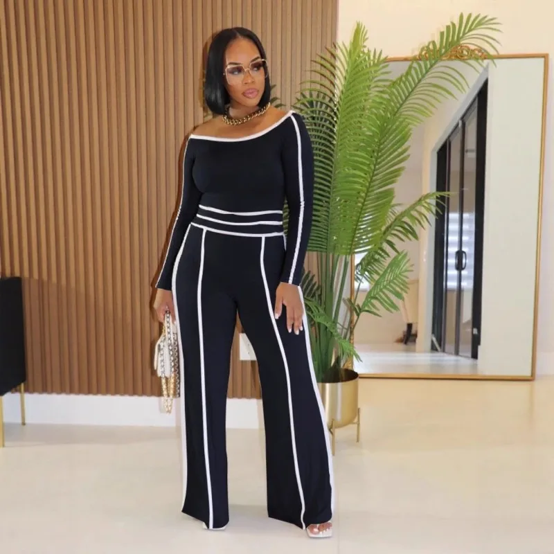 

Doyerl Casual Striped 2 Piece Set Woman Sporty Fitness Long Sleeve Top and Wide Leg Pants Matching Sets Outfits Jogging Femme